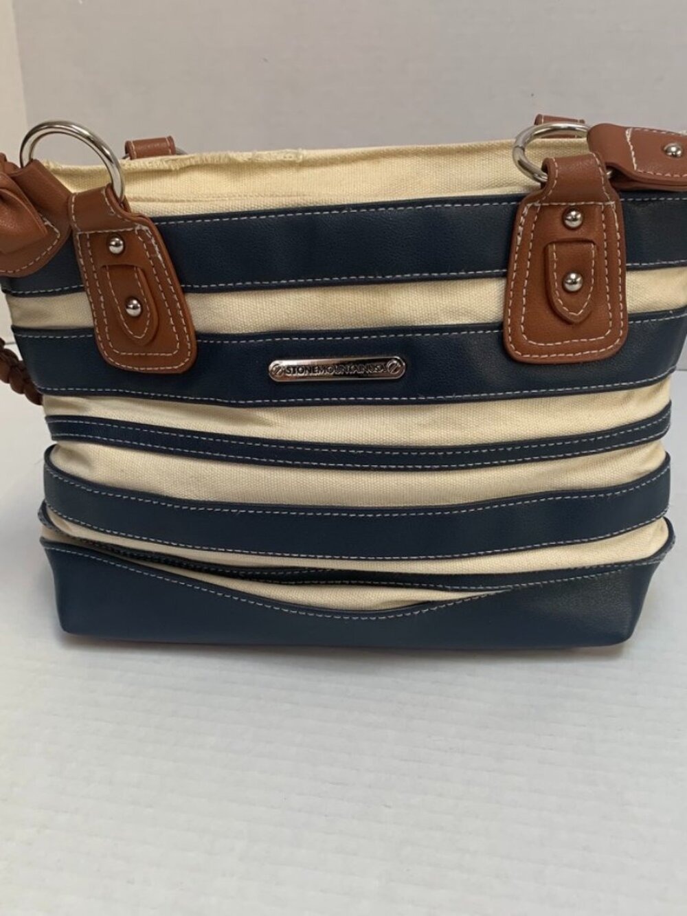 Stone Mountain Navy Leather and Ivory Canvas Striped Bag Shoulder
